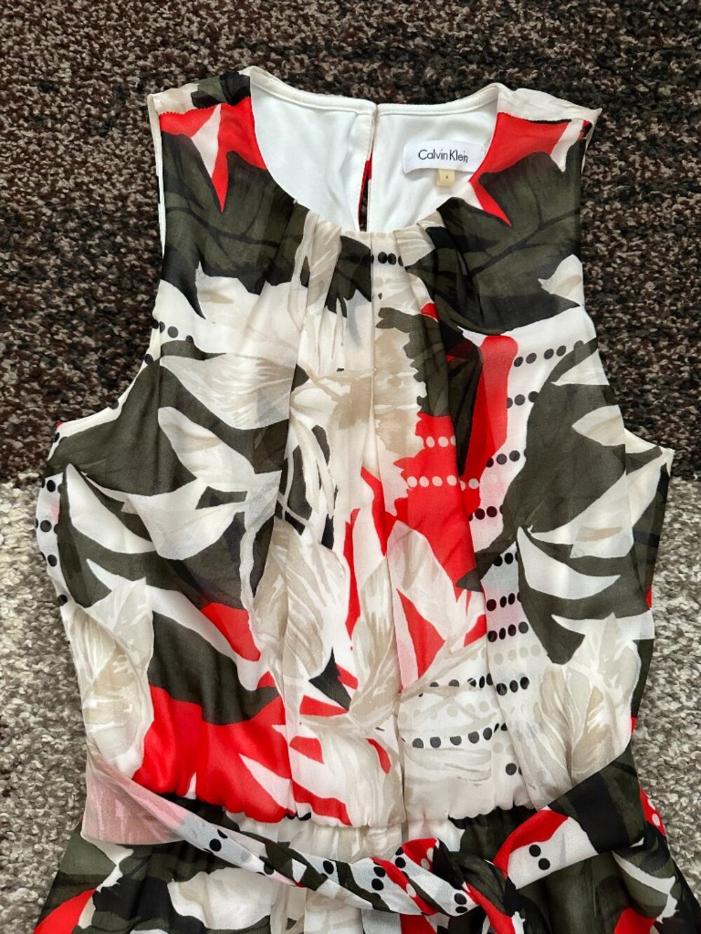 CALVIN KLEIN (Size 4) Chiffon Overlay Floral Dress Maxi Long Red Green White Tie - Picture 6 of 16